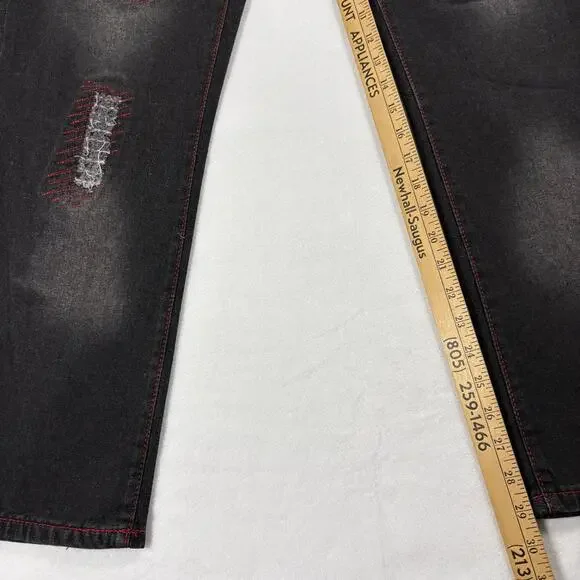 Mens Black Distressed Jeans Size 38 Slim Fit Red Stitch Grunge Streetwear NWT Y